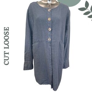 Cut Loose Blue Button-Front Linen Jacket Front Pockets Drawstring Back Large